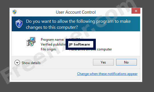 Screenshot where JP Software appears as the verified publisher in the UAC dialog